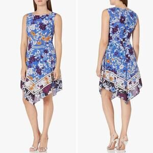 Adrianna Papell‎ Women's Botanical Border Fit and Flare dress blue, plus size 16